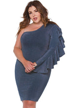Load image into Gallery viewer, GREY BLUE ONE SHOULDER DRESS
