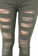 Load image into Gallery viewer, OLIVE DISTRESSED JEANS

