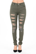 Load image into Gallery viewer, OLIVE DISTRESSED JEANS
